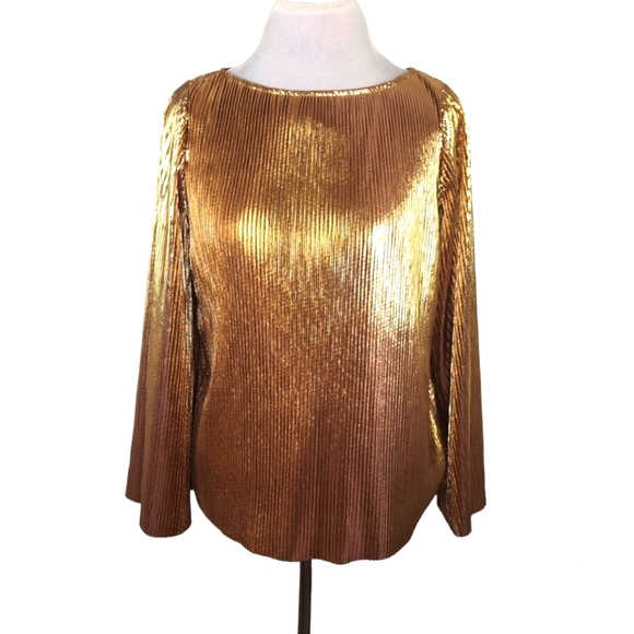 Jennifer Lopez Gold Metallic Bell Sleeve Pleated Blouse Size Small - Picture 2 of 9